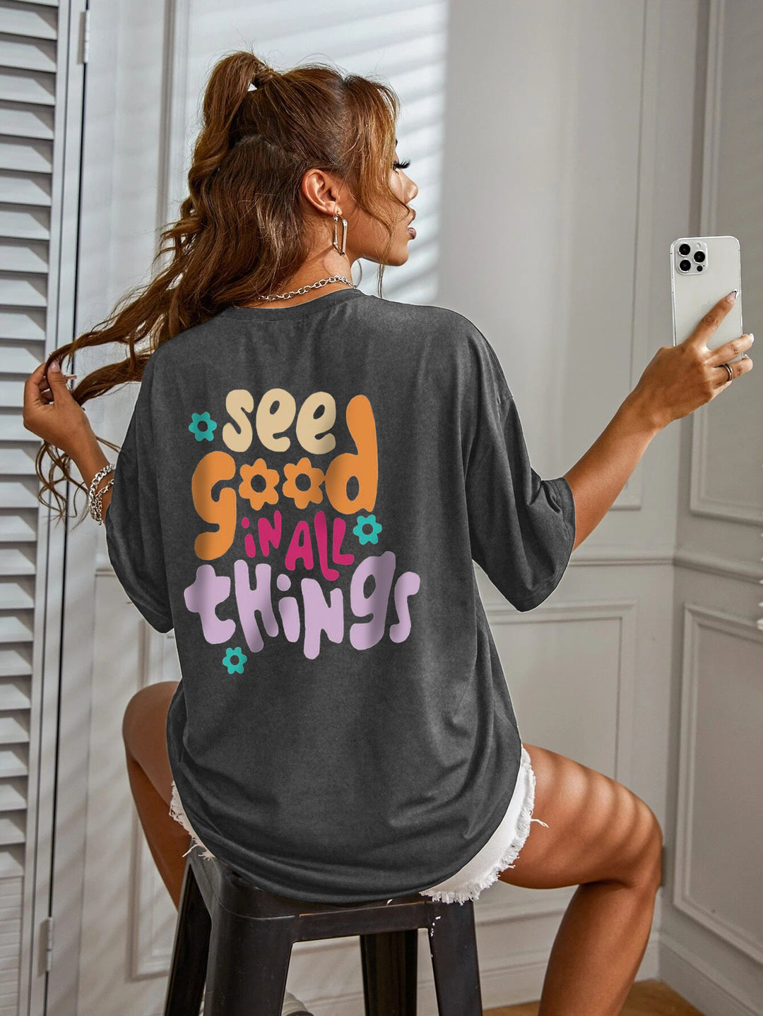 Dame afslappet oversized T-shirt med motiverende slogan Stilla