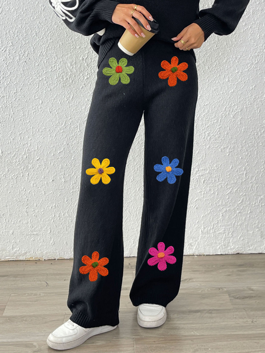 Dame Behagelig Strikbukser med farverige blomster Stilla
