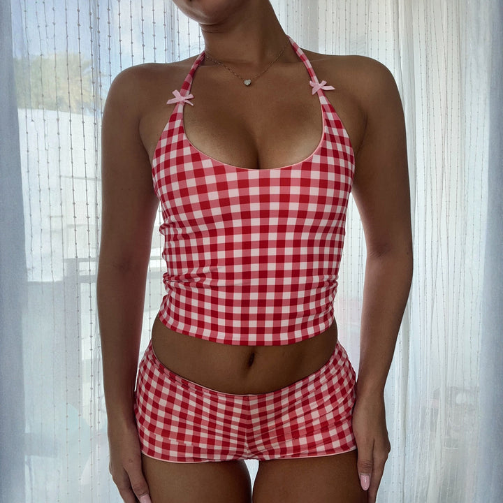 Dame Gingham mønster badedragt med justerbar halterneck Skovae