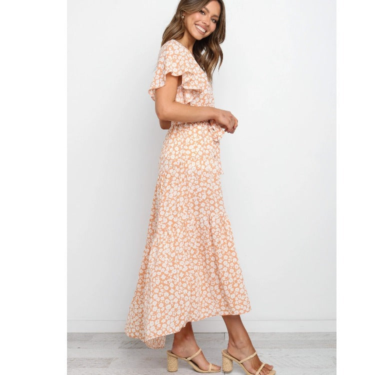 Femme Floral Vaffel Maxikjole med Flæser Stilla