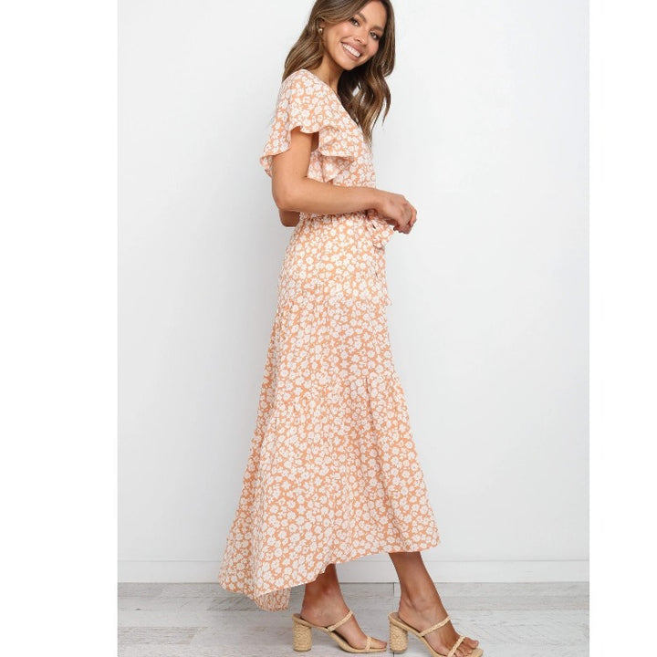 Femme Floral Vaffel Maxikjole med Flæser Stilla