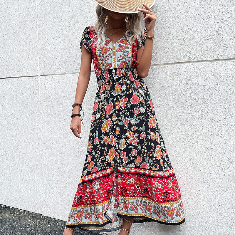 Dame Floral Maxi Kjole med rynket rem Stilla