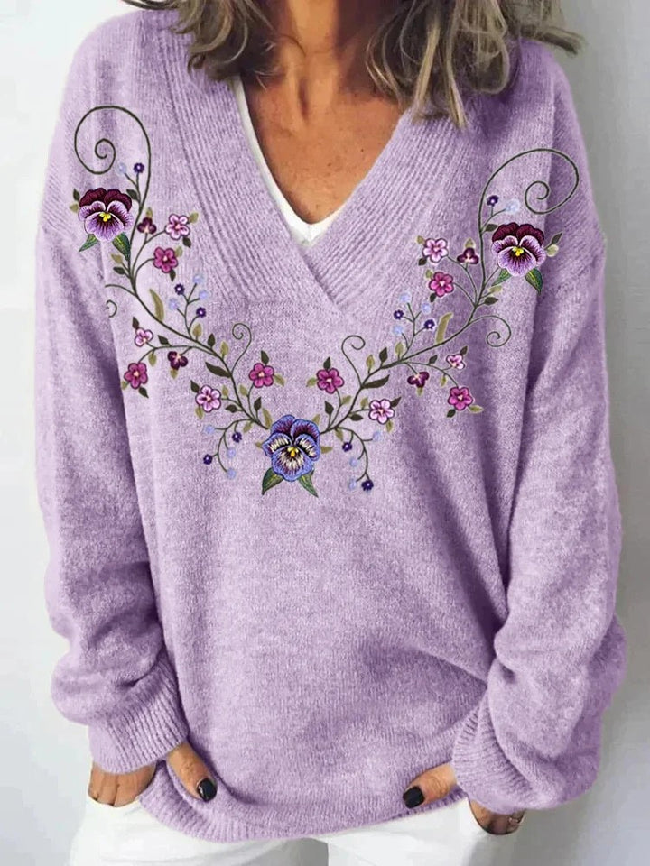 Kvinders V-hals sweater med blomsterdesign og afslappet pasform Stilla