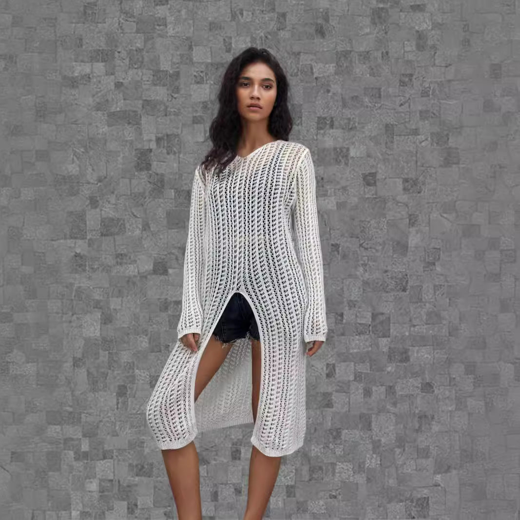 Damer lang sweater med sofistikeret netdesign Stilla