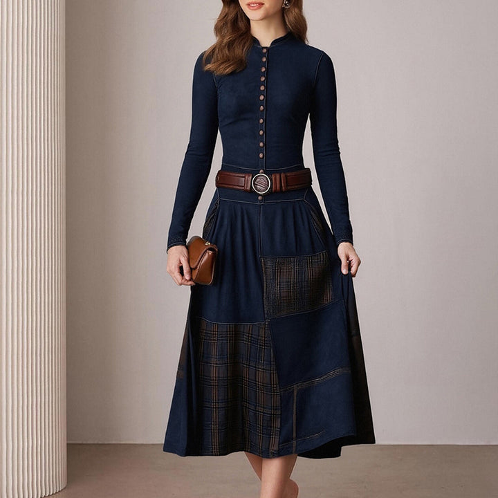 Damer Elegant Midi Kjole med Knap-åbning og Kontrast Detaljer Stilla