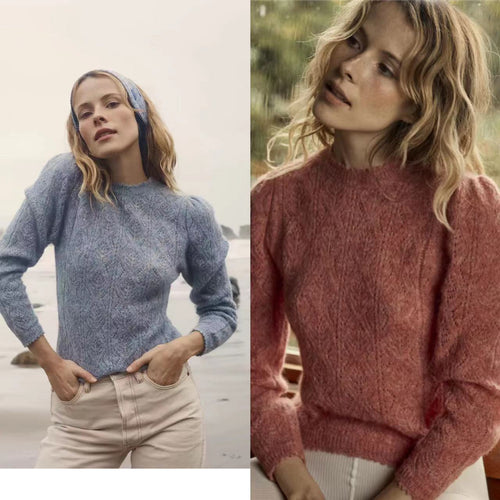Dame finstrikpullover med elegante puffærmer og unikt teksturmønster Stilla