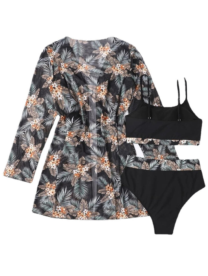Dame strandtøj sæt med blomster kimono, bikini og højt skåret trusse Stilla