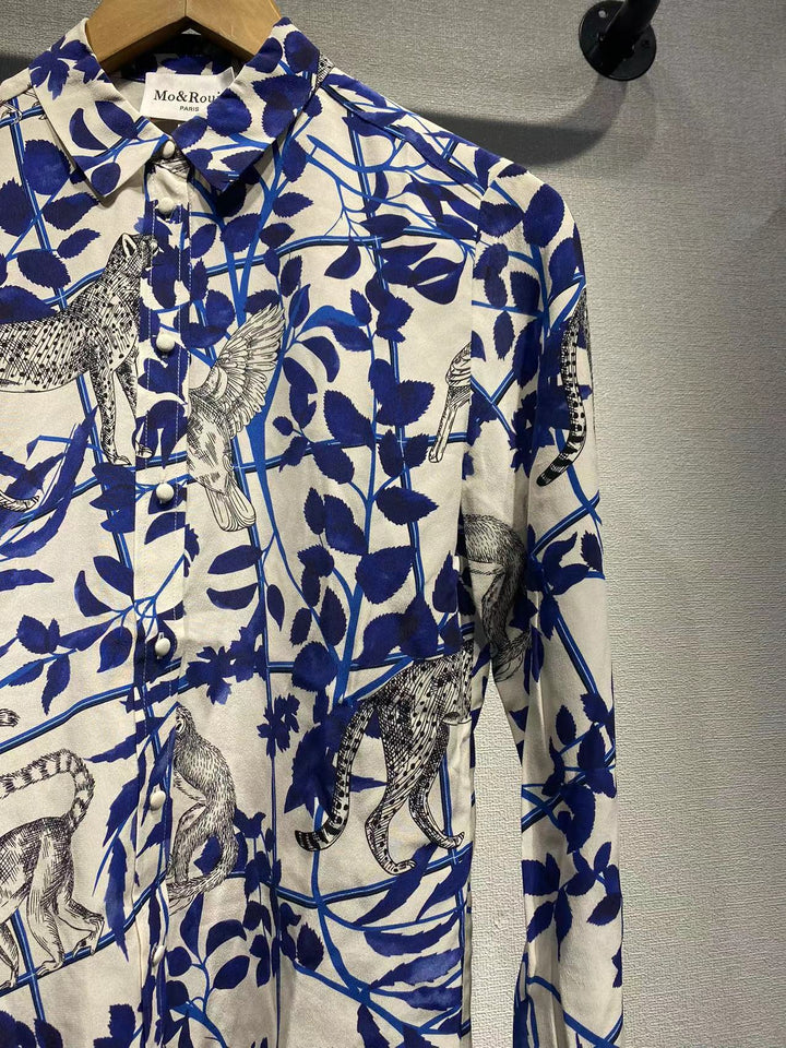 Dame skjorte med kreativt dyre- og plante mønster Stilla