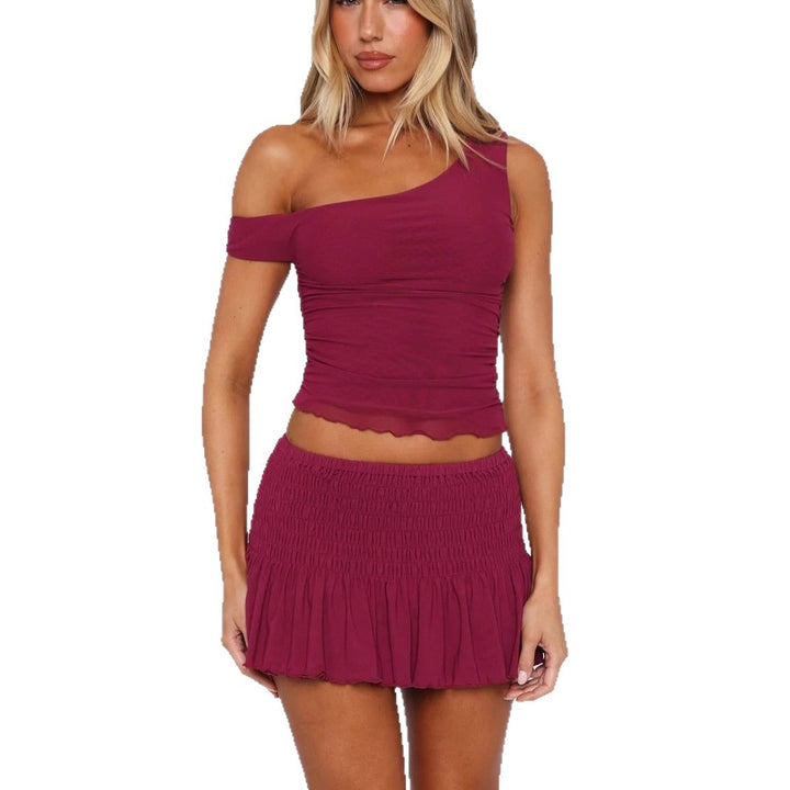 Dame sæt med off-shoulder top og rynket nederdel Skovae