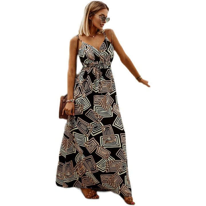 Femme Geometrisk Print Maxi Kjole med justerbart Bindebælte Stilla
