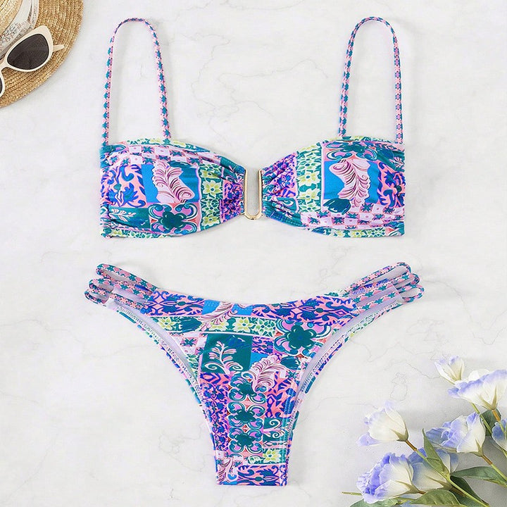 Dame bandeau-bikini med moderne patchwork-design Skovae