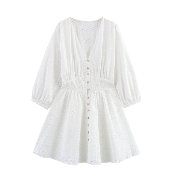 Femme Eyelet Button-Up Kjole med voluminøse ærmer Stilla
