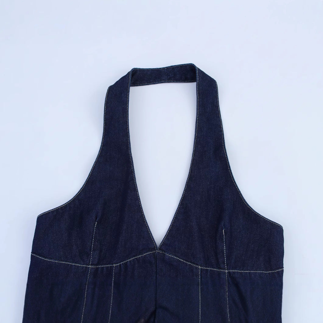 Femme Halterneck Denim Flared Dress Stilla