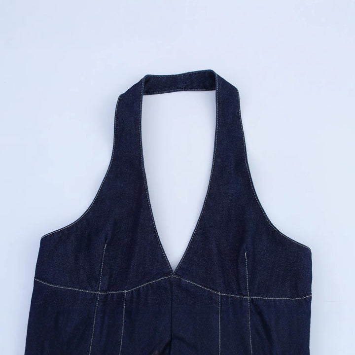Femme Halterneck Denim Flared Dress Stilla
