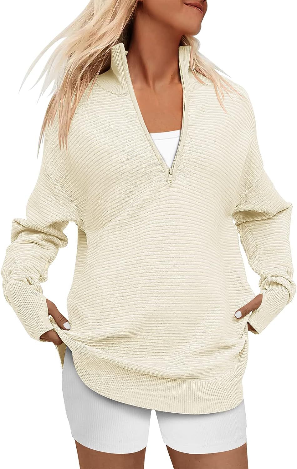 Dame Oversized Pullover med Ståkrave og Lynlås Stilla
