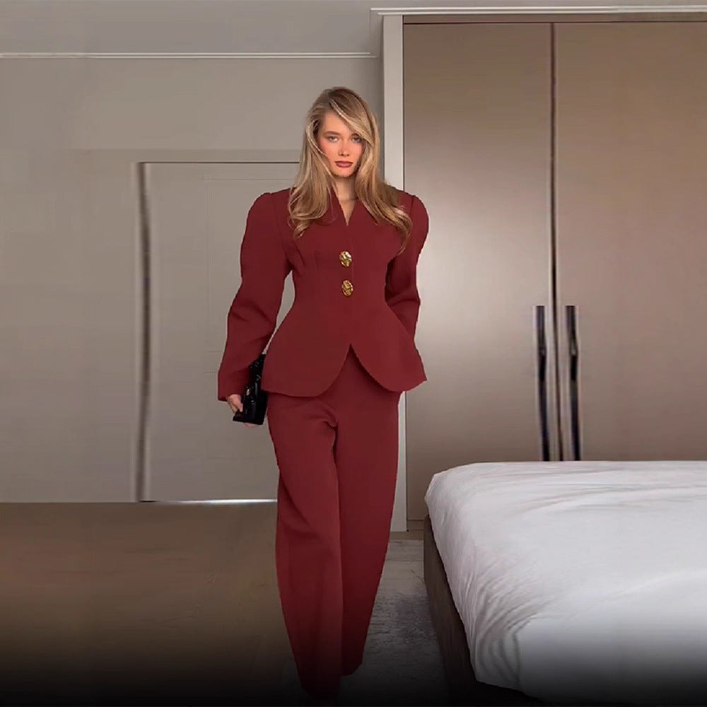 Kvinder Elegant Blazer og Bukser Sæt med Guldknapper Stilla