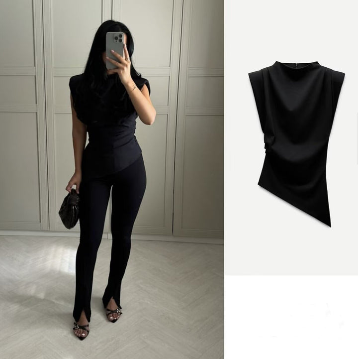 Dame elegant ærmeløs top med asymmetrisk snit og fin drapering Stilla