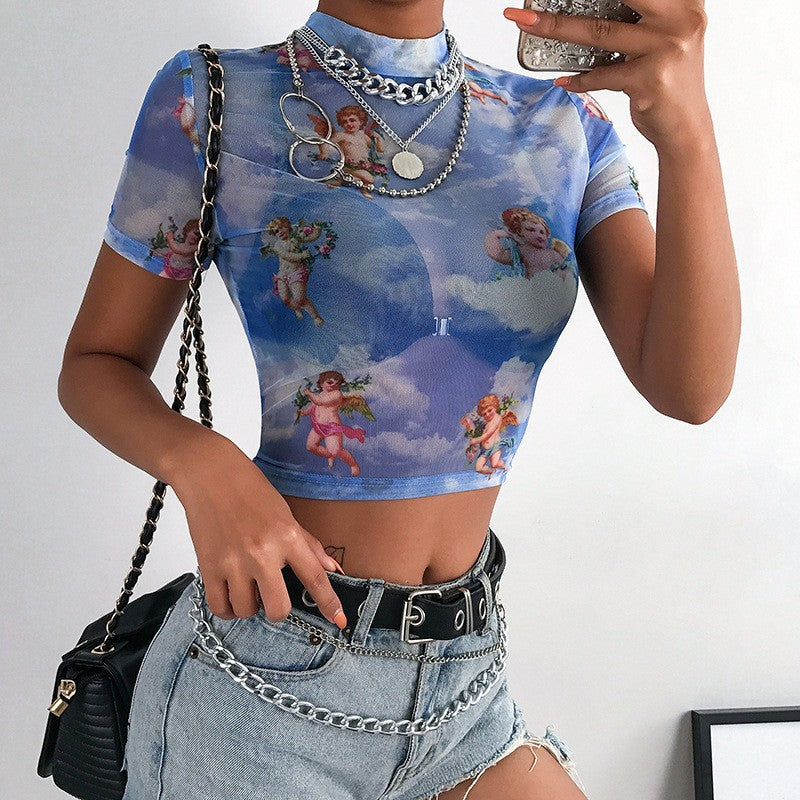 Dame Højhalset Crop-top med romantiske Engelmotiver Skovae