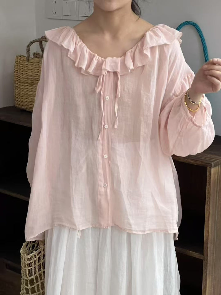 Femme Transparent Ruffle Krave Button-Up Bluse Stilla