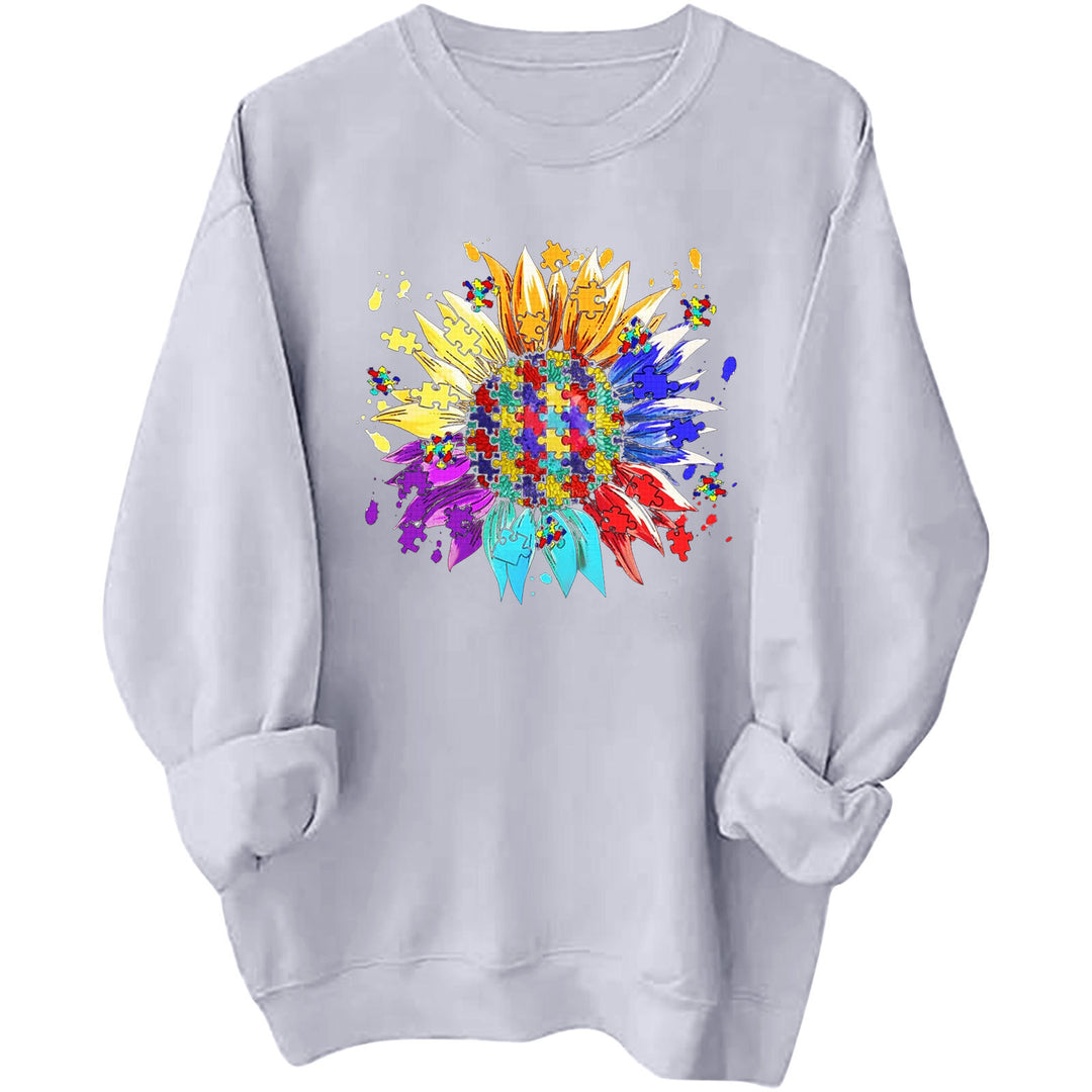 Kvindernes sweatshirt med kreativ puslespilsblomst design og en behagelig pasform Stilla