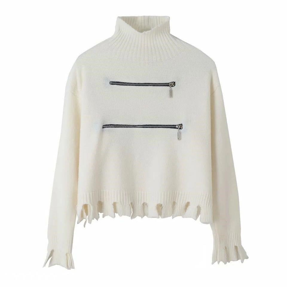 Dame Modisch Strikpullover med Ståkrave og Lynlåsdetaljer Stilla