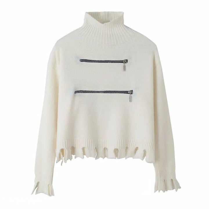 Dame Modisch Strikpullover med Ståkrave og Lynlåsdetaljer Stilla