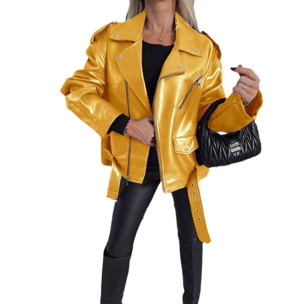 Kvindernes Faux Leather Biker Jakke med Asymmetrisk Lynlås og Sænket Skuldre Stilla