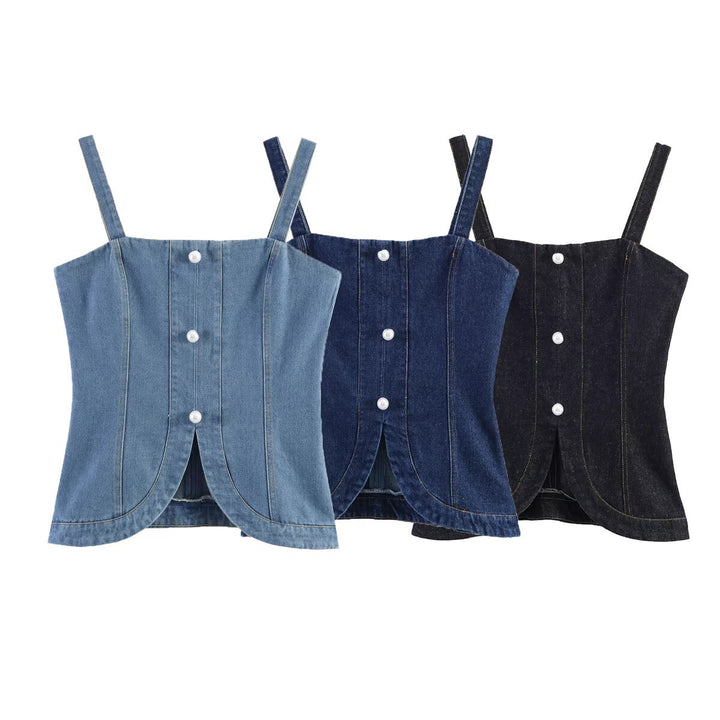 Dame Denim-Cami med tætsiddende pasform og dekorative knapper Skovae