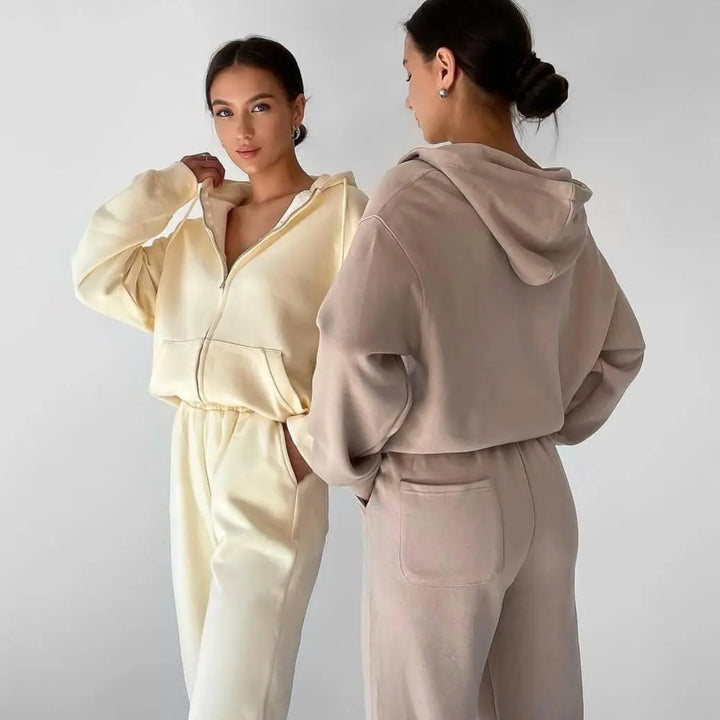 Dame casual fleece sæt med hætte og elastisk talje Stilla