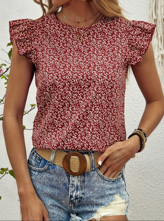 Damebluse med rynkede ærmer og floral mønster Stilla