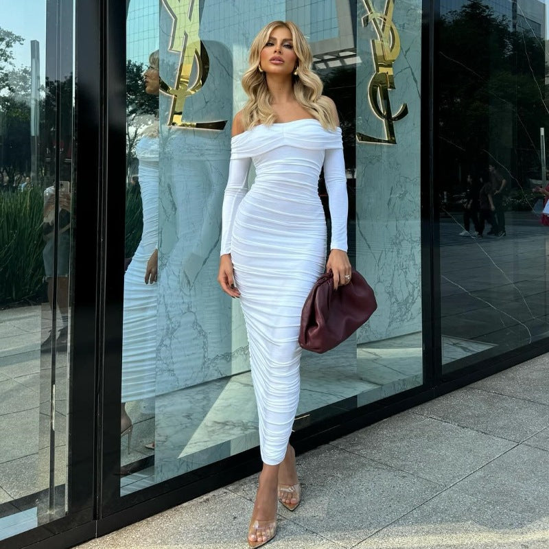 Dame figursyet Maxi-kjole med Off-Shoulder design og rynk Stilla