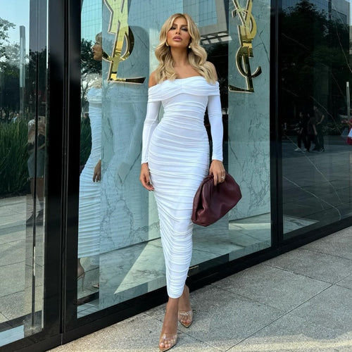 Dame figursyet Maxi-kjole med Off-Shoulder design og rynk Stilla