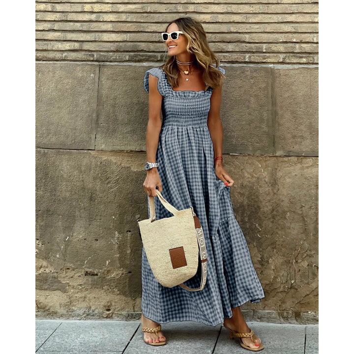 Dame Gingham Smocked Maxikjole med Ruffleærmer Stilla