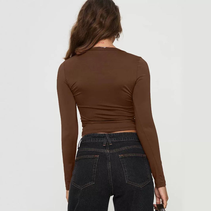Dame Langærmet Crop-Top med dyb rund halsudskæring af blødt materiale Stilla