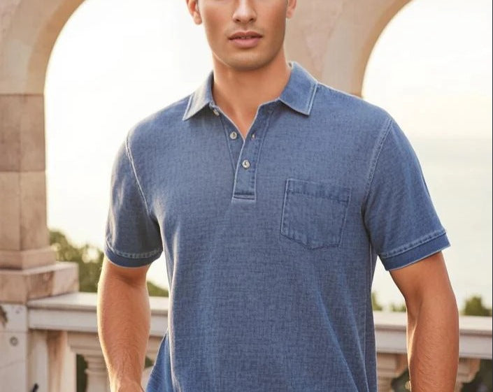Herrers poloshirt med knaplukning og fint denim-look Stilla