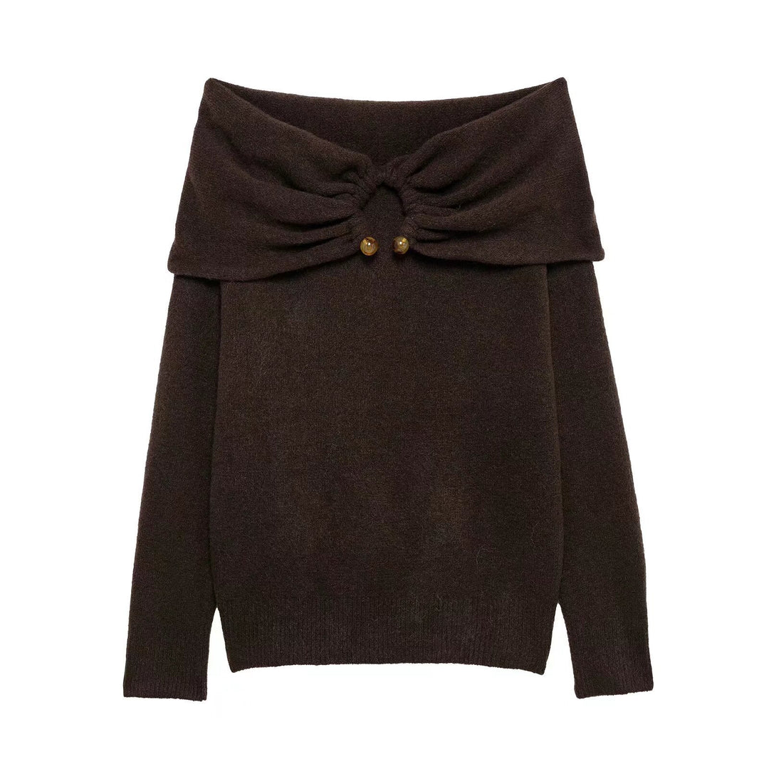 Dame Off-Shoulder Strikpullover med dekorativt bånddetail Stilla