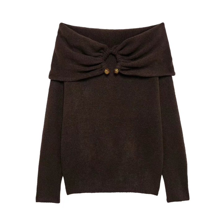 Dame Off-Shoulder Strikpullover med dekorativt bånddetail Stilla