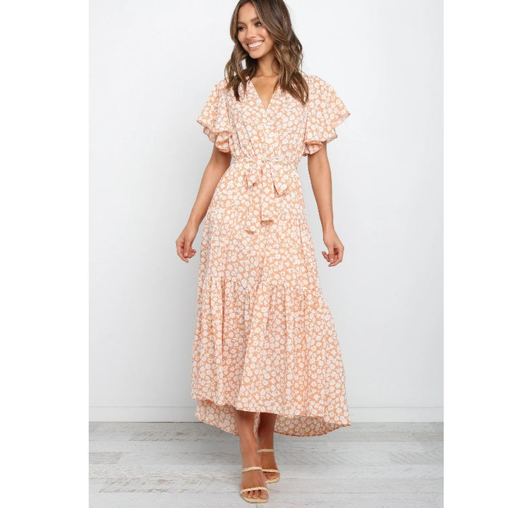 Femme Floral Vaffel Maxikjole med Flæser Stilla