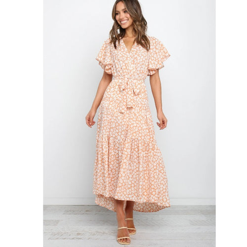 Femme Floral Vaffel Maxikjole med Flæser Stilla