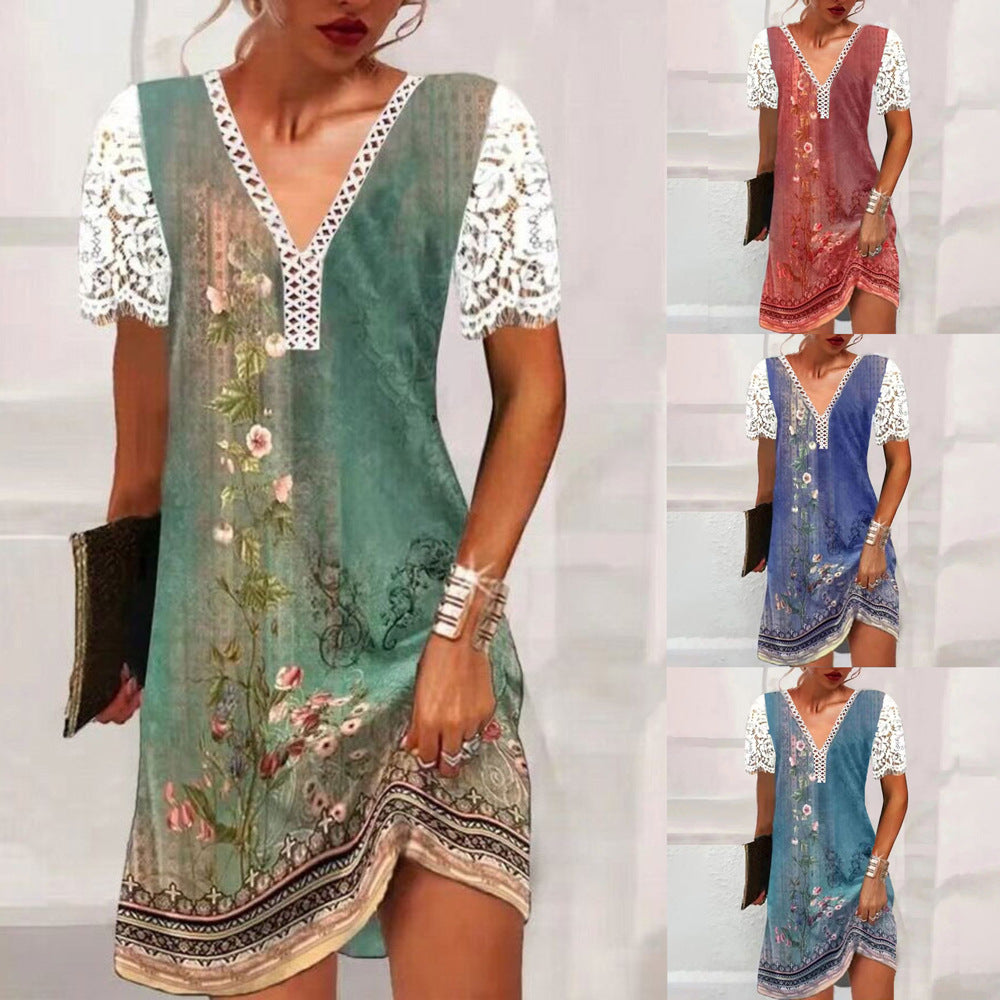 Stilla | Elegant Print Blondeærme V-Hals Kjole