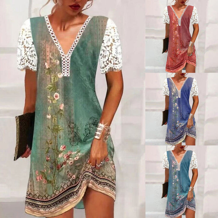 Stilla | Elegant Print Blondeærme V-Hals Kjole