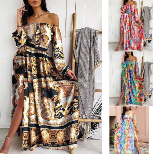 Dame Maxikjole med gardinlignende floral design og off-shoulder snit Stilla