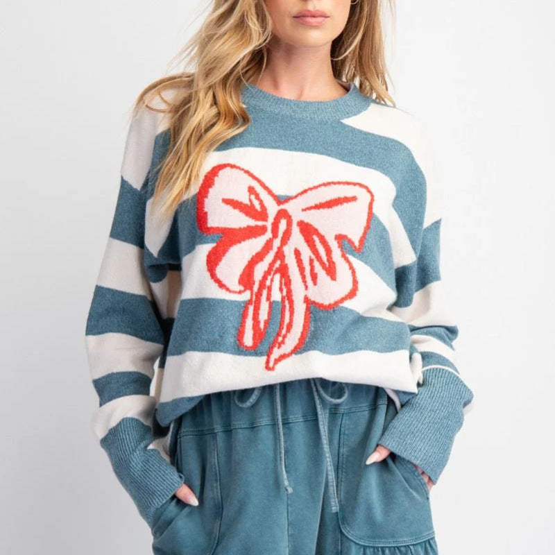 Dame stilfuld sweater med stort bånd-motiv Stilla