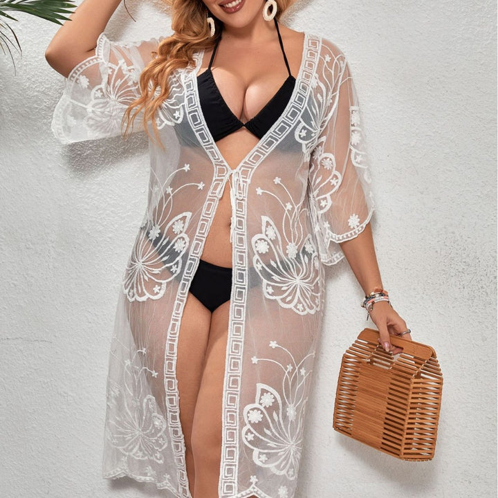 Dame Gennemsigtig Strandkimono med blomsterbroderi detalje Stilla