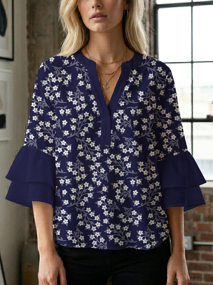 Dame skjorte med voluminøse ærmer og blomsterdesign Skovae
