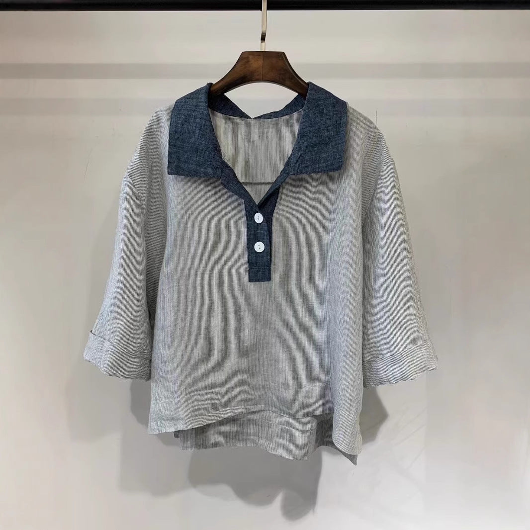 Femme Overstørrelser Linned Button-Up Top og Bredbenet Bukser Sæt Stilla