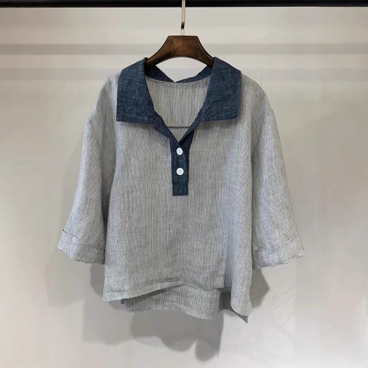 Femme Overstørrelser Linned Button-Up Top og Bredbenet Bukser Sæt Stilla
