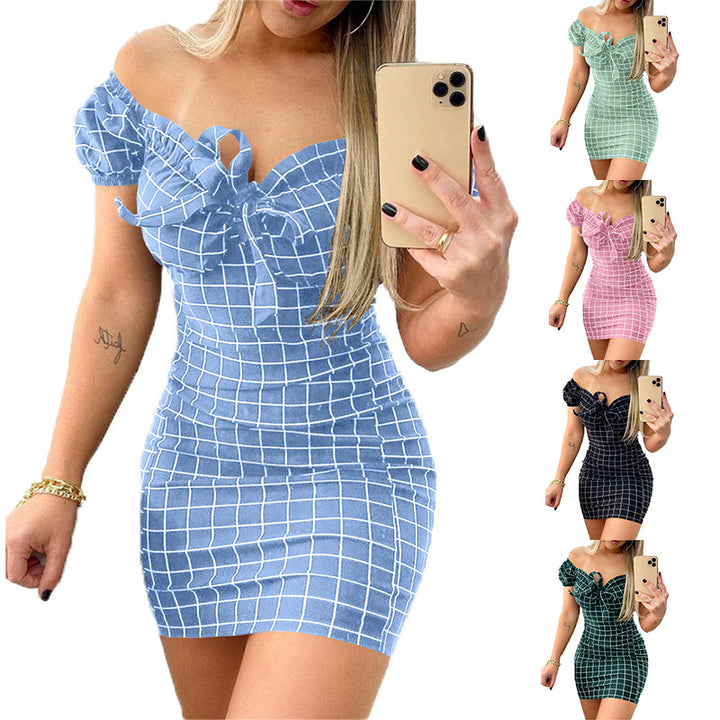 Dame Figurtilpasset Minikjole med skulderfri design og trendy ternet mønster Stilla
