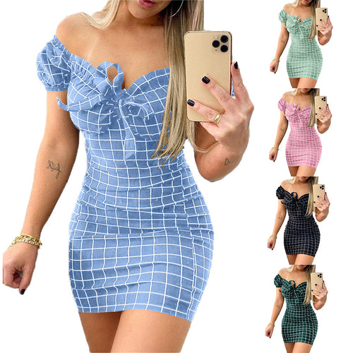 Dame Figurtilpasset Minikjole med skulderfri design og trendy ternet mønster Stilla