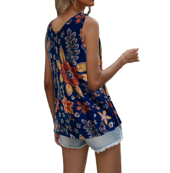 Dame ærmeløs bluse top med blomsterprint og flydende snit Skovae